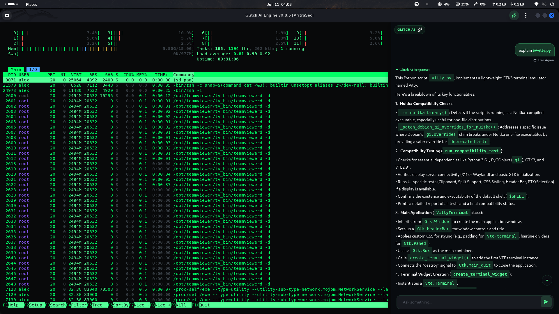 Glitch AI Engine v0.8.5 - terminal with htop and Glitch AI panel explaining vitty.py